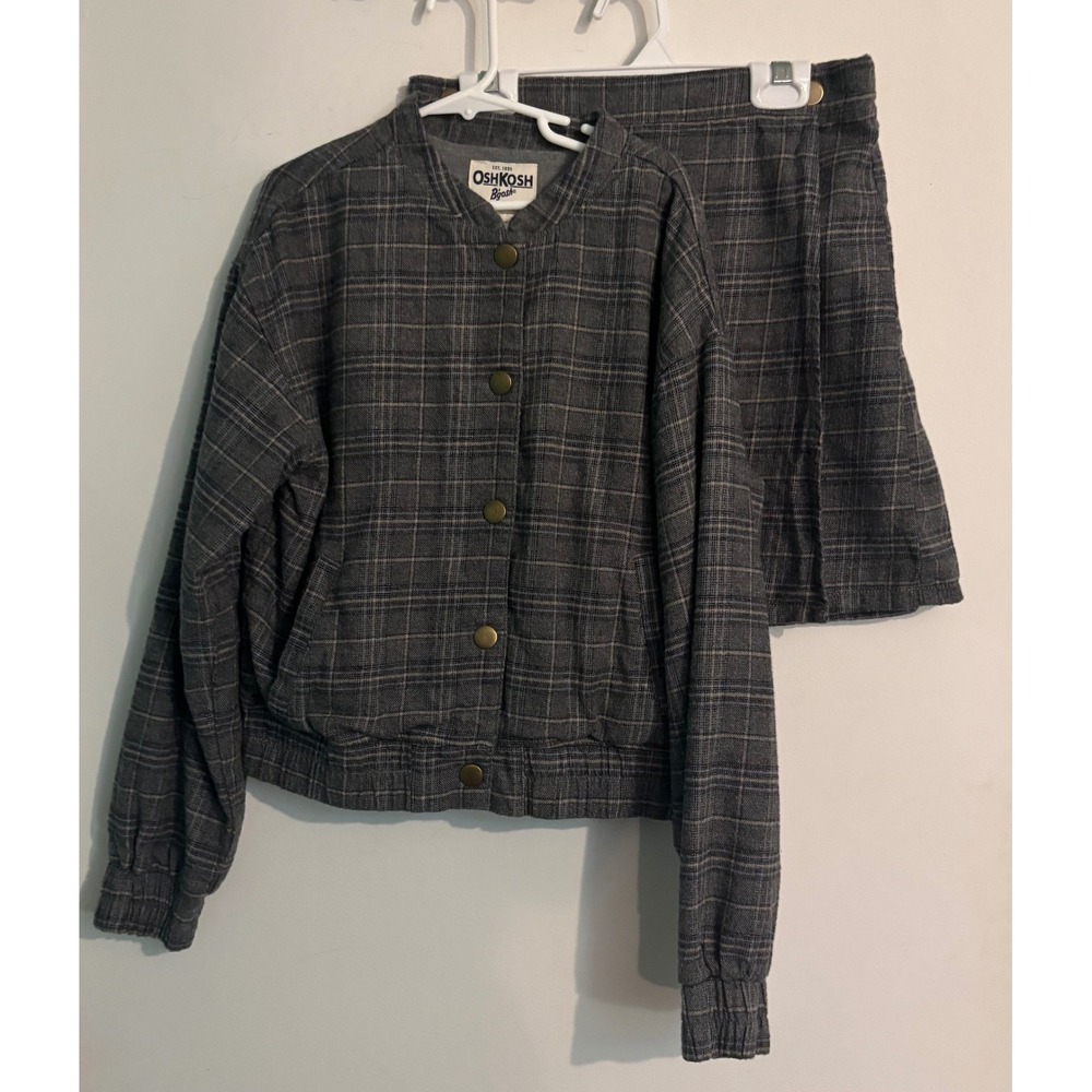 OshKosh B'Gosh Girls 2 pc Flannel Plaid Jacket Pleat Skirt Gray White Sz 14